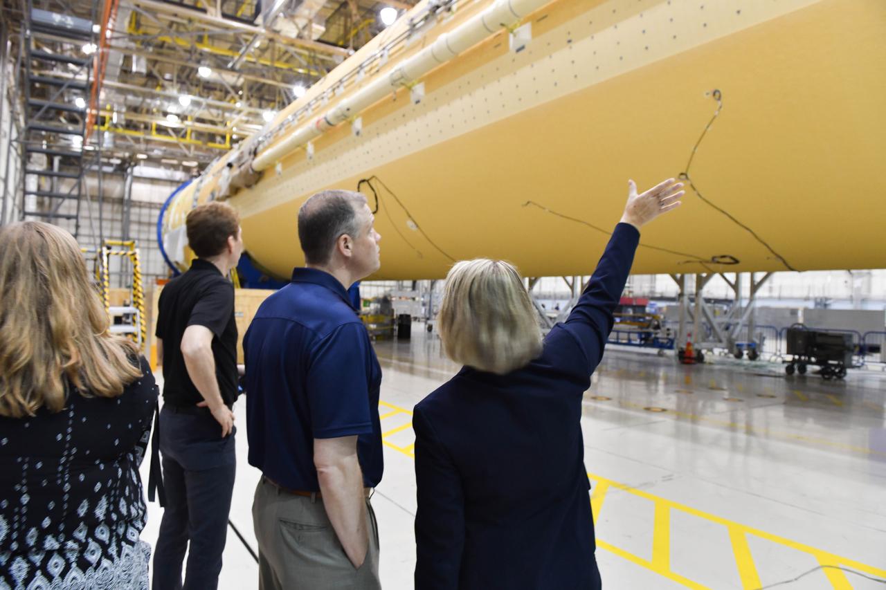 NASA Administrator Jim Bridenstine toured NASA’s Michoud Assembly Facility in New Orleans Thursday, August 14, 2019, to see the latest progress in manufacturing and assembling NASA’s Space Launch System (SLS) rocket, the world’s most powerful rocket. Outfitted with the latest in modern manufacturing tools, the Louisiana facility is producing the core stages, the powerhouse of the SLS rocket, for the first and second Artemis missions to the Moon. Together with four RS-25 engines, the rocket’s massive 212-foot-tall core stage — the largest stage NASA has ever built — and its twin solid rocket boosters will produce 8.8 million pounds of thrust to send NASA’s Orion spacecraft, astronauts and supplies beyond Earth’s orbit to the Moon and, ultimately, Mars. Offering more payload mass, volume capability and energy to speed missions through space, the SLS rocket, along with NASA’s Gateway in lunar orbit and Orion, is part of NASA’s backbone for deep space exploration and the Artemis lunar program. No other rocket is capable of carrying astronauts in Orion around the Moon in a single mission.